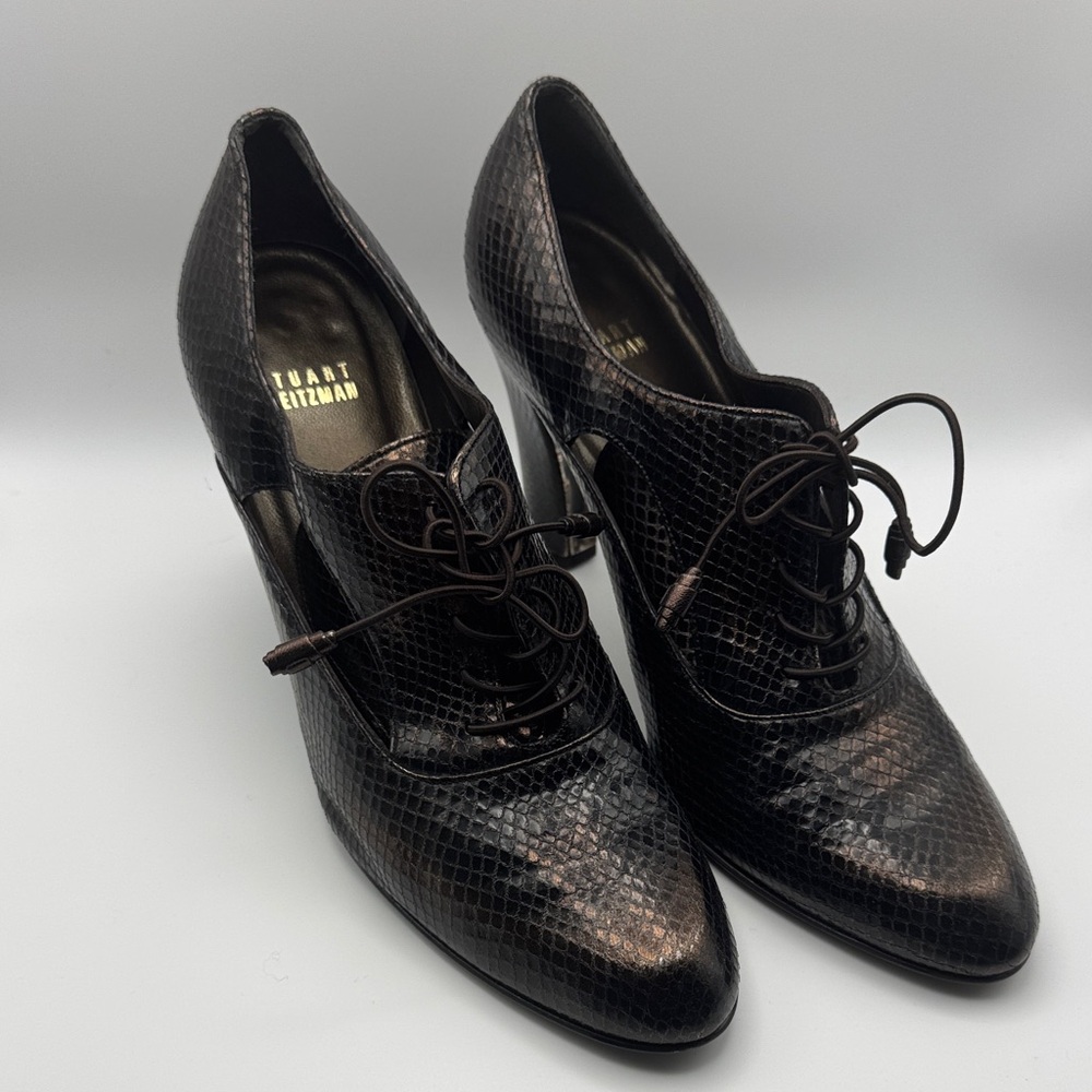 Stuart Weitzman Bronze Metallic Reptile Lace Up Oxford Heels Size 7